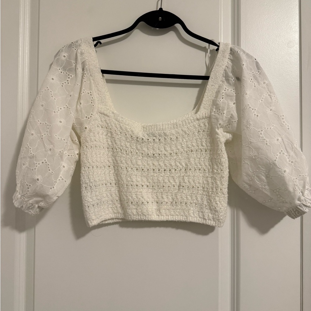 Zara Cream Textured Blouse with Puff Sleeves
